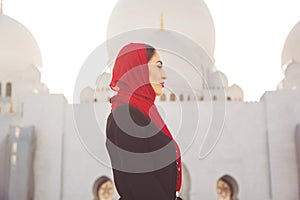 Fashion woman in grand mosque in Abu Dhabi