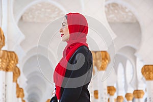 Fashion woman in grand mosque in Abu Dhabi