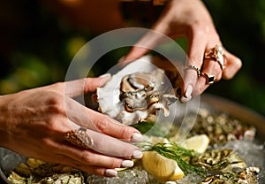 Fashion woman hands with expensive gold rings take oyster