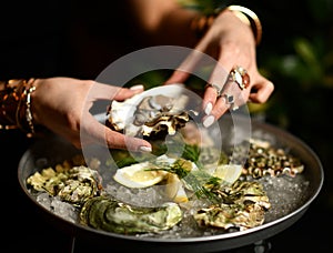 Fashion woman hands with expensive gold rings take oyster