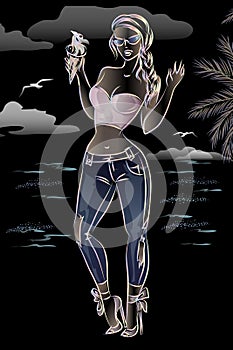 Fashion woman with ice cream make a picture at the night beach. Black summer backround, girl wearing jeans,  background