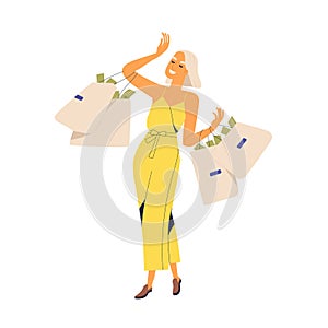 Fashion woman millionaire carrying bags full of currency vector flat illustration. Smiling rich girl with much money