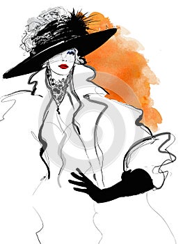 Fashion woman model with a black hat photo