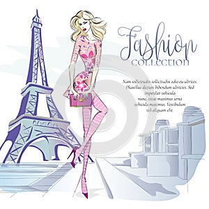 Fashion woman near Eiffel tower in Paris, fashion banner with text template, online shopping social media ads with beautiful girl.