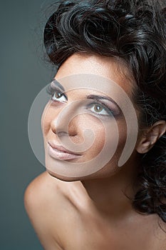 Fashion Woman Portrait with Black Curly Hair.