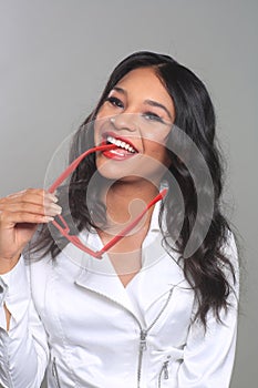 Fashion Woman Posing with Sun Glasses in Studio