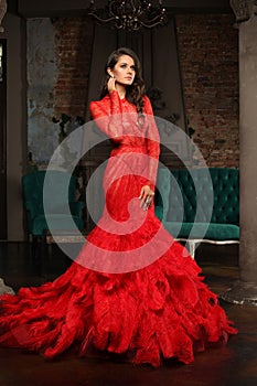 Fashion Woman in Red Dress. Beautiful Model Brunette in Long Evening Gown indoor