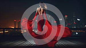Fashion Woman in Red fluttering Dress Back Side Rear View.Glamour Model dancing with Long Silk Fabric flying on Wind.Generative ai