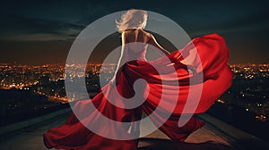 Fashion Woman in Red fluttering Dress Back Side Rear View on Wind over Night Sky City Light Landscape, generative ai