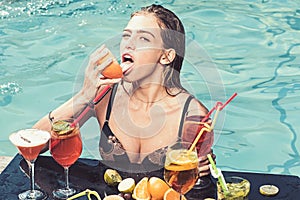 Fashion woman with refresh alcohol in miami. Drink fresh vitamin juice, diet. Pool party relax in spa resort. Summer