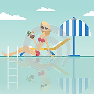 Fashion woman sitting with coconut cocktail at the edge of swimming pool with deck chair and umbrella