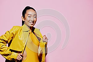 Fashion woman smile trendy portrait beauty pink yellow