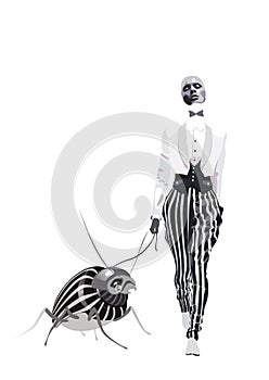 Fashion woman in striped pantaloons walking with bug