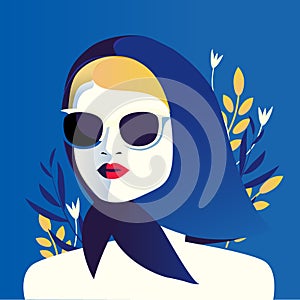 Fashion woman in sunglasses and kerchief. glamourous girl. Fashionable female portrait for prints, cards