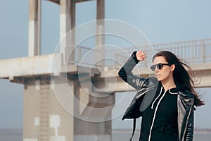 Fashion Woman with Sunglasses and Leather Jacket Rock Biker Style