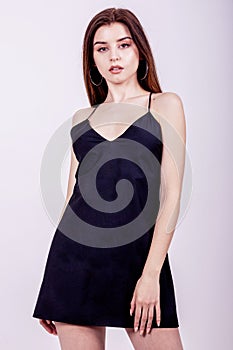 Fashion woman white background studio shoot black dress