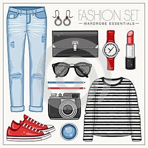 Fashion womanâ€™s casual outfit with jeans, frock top and sneakers