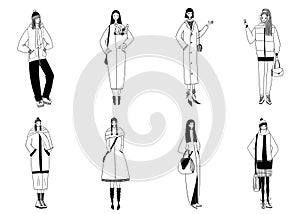 Fashion women line art black and white illustration with fashion girls lifestyle models wearing winter clothes