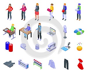 Fashion workshop icons set isometric vector. Factory sewing