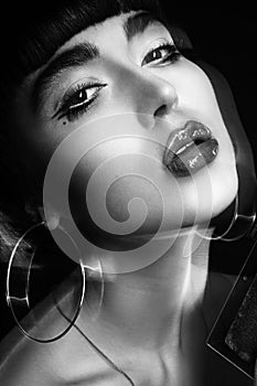 Fashion young brunette model photo editorial, model posing, mixed lightning, long speed