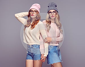 Fashion. Young Hipster Woman. Sisters Best Friends
