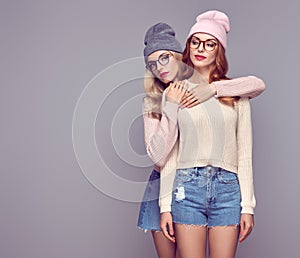 Fashion. Young Hipster Woman. Sisters Best Friends