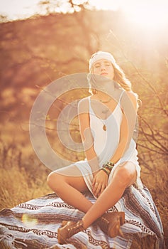 Fashion, Young Woman Outdoors at Sunset