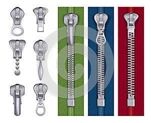 Fashion zipper. Steel fabric tailor items decorative seamstress handbag locks buckles vector realistic illustrations