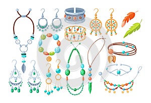 Fashionable accessories boho jewelry set. Stylish earrings, necklace, bangle, bijoux vector cartoon