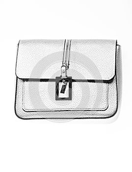 Fashionable accessories concept. Purse made out of silver leather on white background, isolated. Handbag for women with