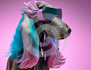 Fashionable Afghan hound dog wearing VR headset in fairy kei style