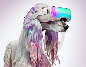 Fashionable Afghan hound dog wearing VR headset in fairy kei style