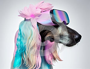 Fashionable Afghan hound dog wearing VR headset in fairy kei style