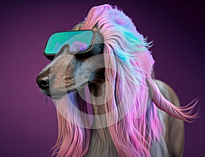 Fashionable Afghan hound dog wearing VR headset in fairy kei style