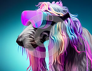 Fashionable Afghan hound dog wearing VR headset in fairy kei style