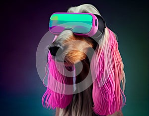 Fashionable Afghan hound dog wearing VR headset in fairy kei style