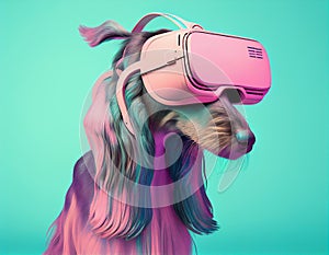 Fashionable Afghan hound dog wearing VR headset in fairy kei style