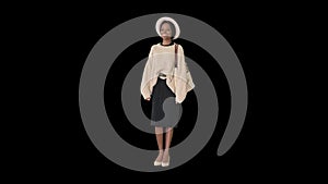 Fashionable african american woman posing in knitwear and white hat, Alpha Channel
