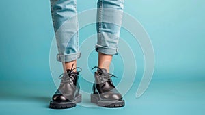 Fashionable Black Boots with Blue Jeans on Moody Blue Background. Generative AI