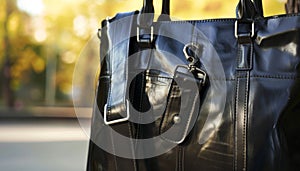 Fashionable black leather tote bag with shiny metal buckle generated