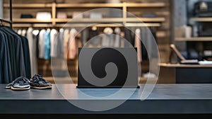 Fashionable boutique with a black sandwich board on the counter, inviting customers to explore sales or new arrivals photo