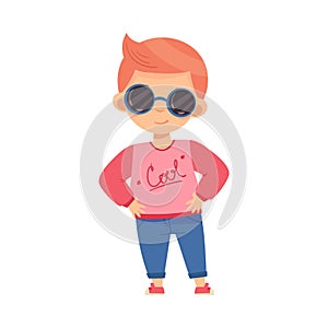 Fashionable Boy Standing in Trendy Denim Blue Trousers and Sweater Vector Illustration