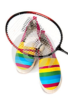 Fashionable, bright, easy sports shoes (gym shoes) with a racket