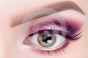 Fashionable bright eye make up close-up. Female eye with pink violet shadows and false eyelashes, macro