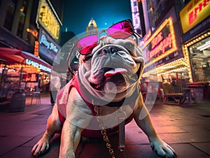 A fashionable bulldog enjoys the city\'s neon nightlife, reflecting a trendy and urban pet lifestyle