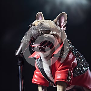 Fashionable bulldog in red jaket sings into a microphone on stage