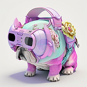 Fashionable bulldog wearing VR headset in fairy kei style