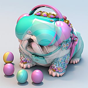 Fashionable bulldog wearing VR headset in fairy kei style