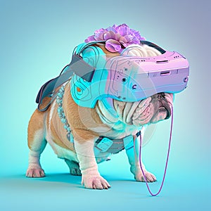 Fashionable bulldog wearing VR headset in fairy kei style