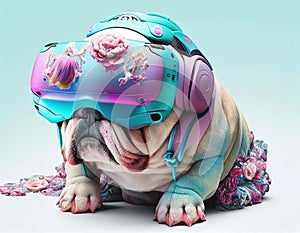 Fashionable bulldog wearing VR headset in fairy kei style